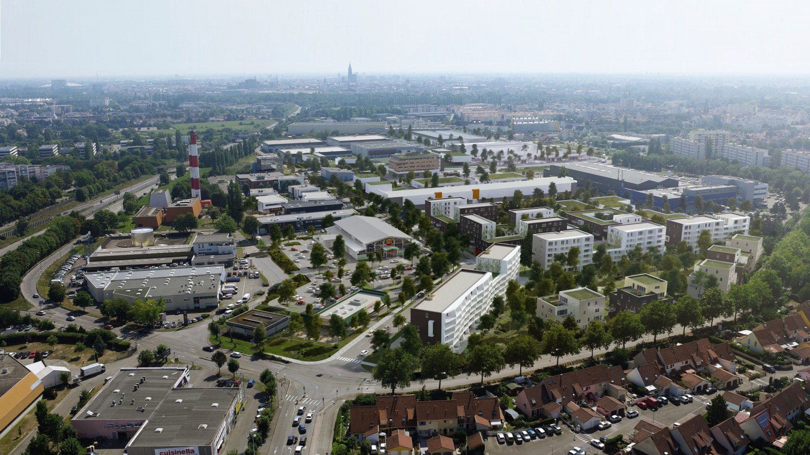 Vue d&#039;ensemble du Parc des Forges à Strasbourg avec des immeubles