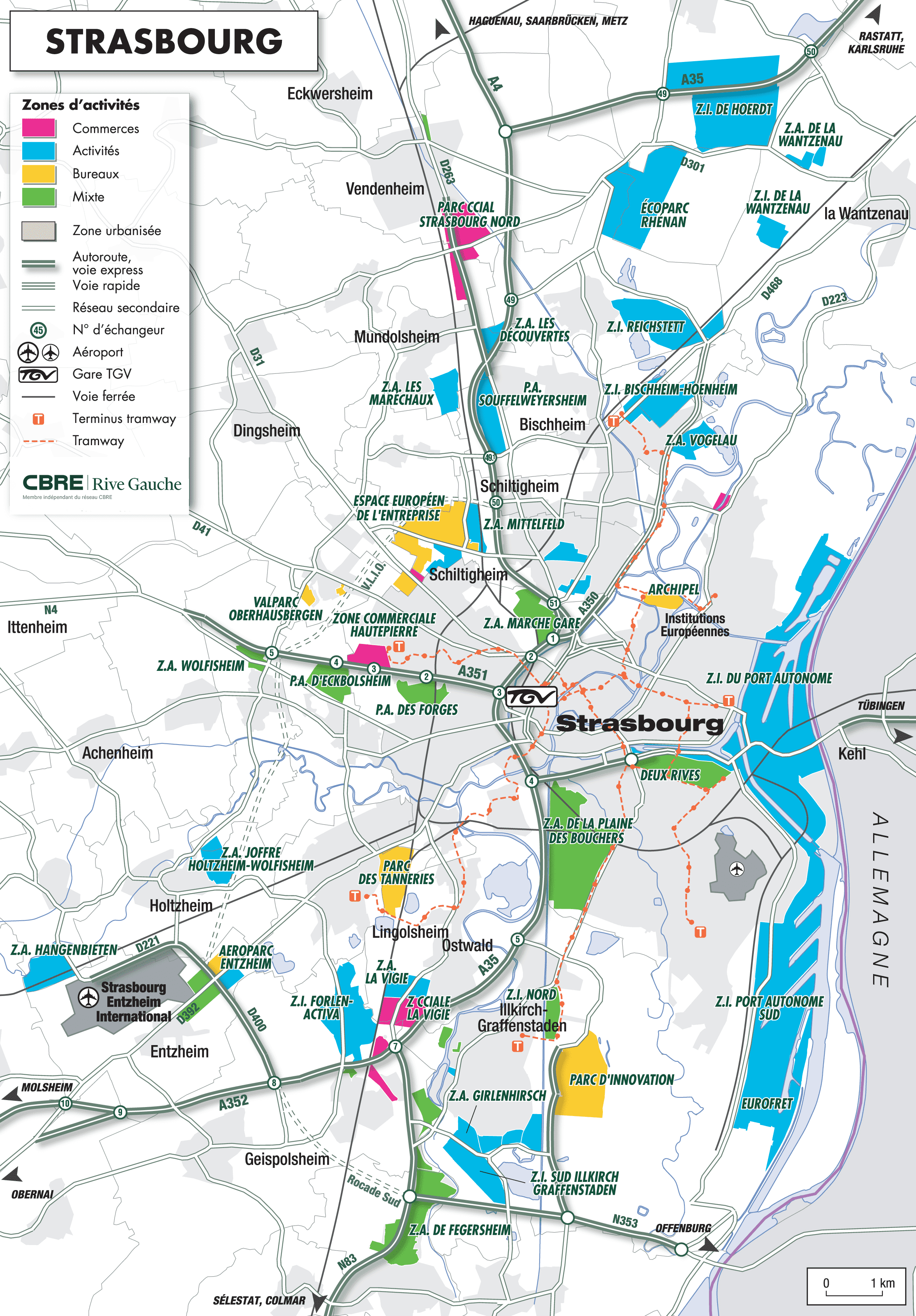 Carte de l'Eurométropole de Strasbourg avec toutes les zones d'activités